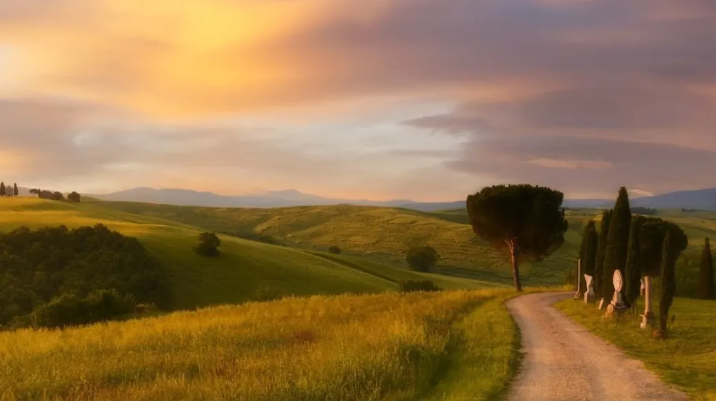 Colline verdi e strada di campagna al tramonto